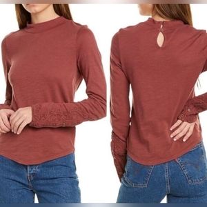 Free People We The Free Hooked on You Embroidered Sleeve Mock Neck Top Small